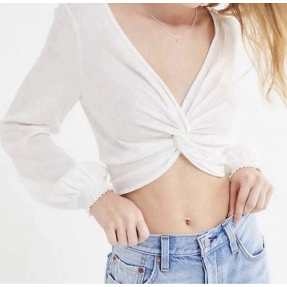 Urban Outfitters White Front Twist V-Neck Long Sleeve Crop Boho Festival Top L